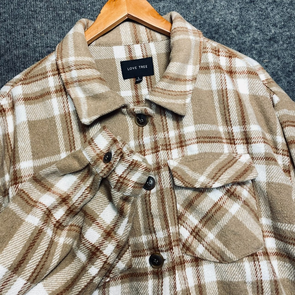 Love Tree Plaid Flannel Shacket Shirt Jacket Womens Large Brown Cream Relaxed L